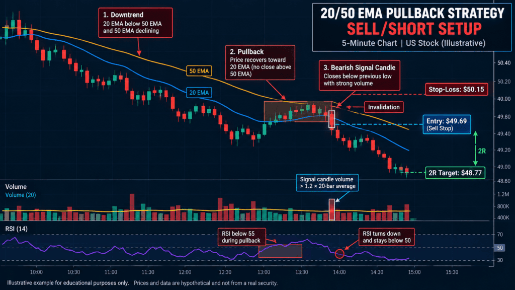 20 EMA and 50 EMA pullback strategy on a US stock chart with RSI and volume confirmation.