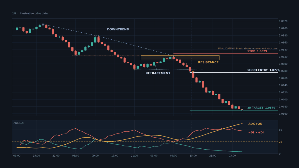ADX Trend-Strength Pullback SHORT setup on a 1-hour candlestick chart showing a bearish downtrend, retracement to resistance, ADX above 25, minus DI above plus DI, short entry, stop-loss, and 2R target.