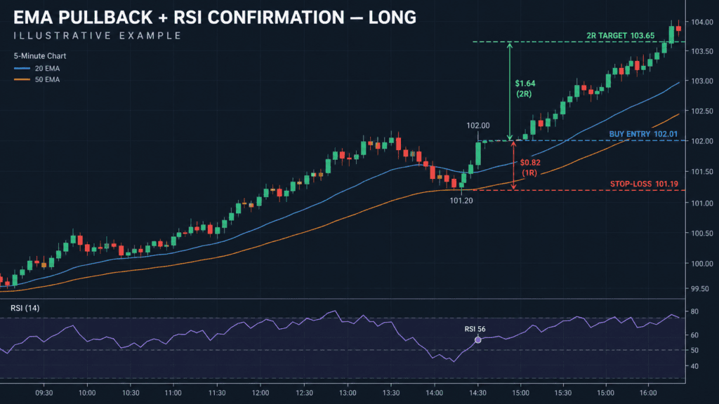 EMA pullback trading strategy showing the 20 EMA, 50 EMA, RSI confirmation, buy entry, stop-loss, and 2R profit target on an intraday candlestick chart.