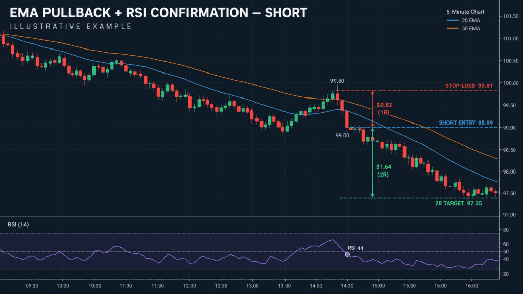 EMA pullback trading strategy showing the 20 EMA, 50 EMA, RSI confirmation, buy entry, stop-loss, and 2R profit target on an intraday candlestick chart.