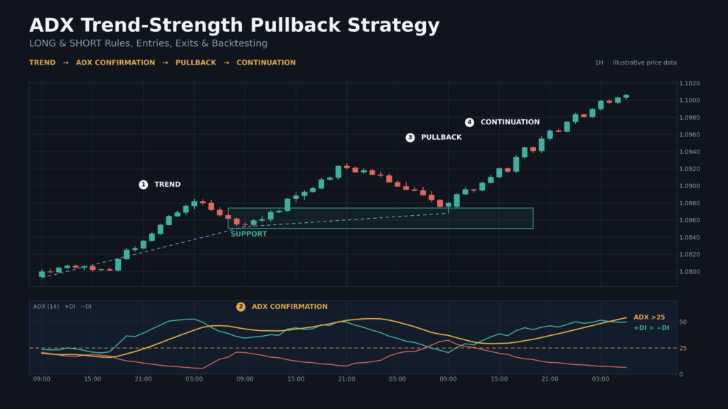 ADX trend-strength pullback strategy chart showing bullish and bearish trends, pullbacks, continuation patterns, and the ADX, +DI, and −DI indicators.