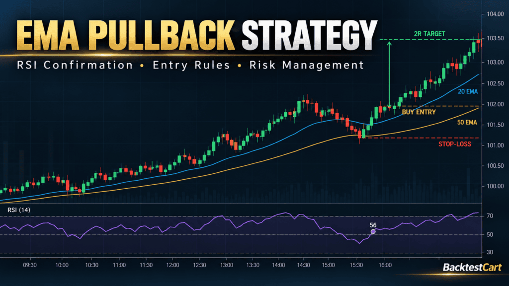 EMA pullback trading strategy showing the 20 EMA, 50 EMA, RSI confirmation, buy entry, stop-loss, and 2R profit target on an intraday candlestick chart.