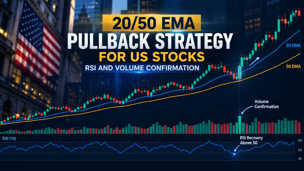 20 EMA and 50 EMA pullback strategy on a US stock chart with RSI and volume confirmation.