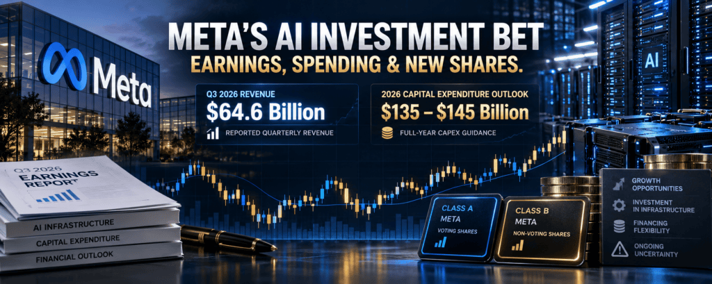 Meta Q3 2026 earnings report highlighting $64.6 billion in revenue, $135–$145 billion AI infrastructure capex outlook, and share-class developments.